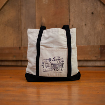 Load image into Gallery viewer, loveless cafe canvas tote bag with loveless home illustration
