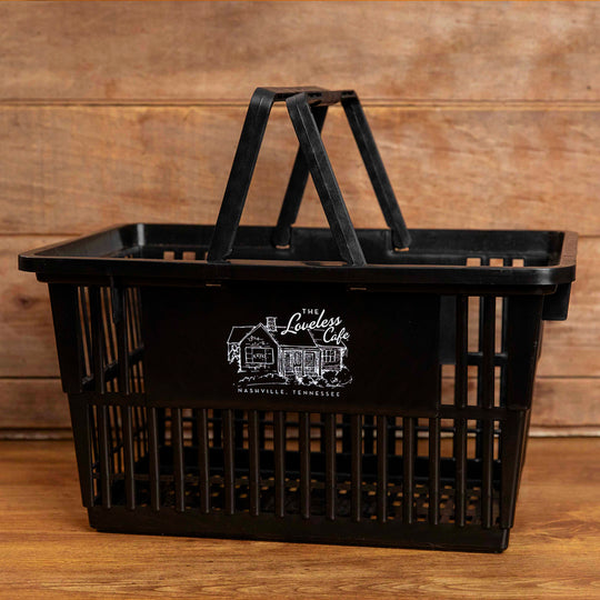 plastic market basket with cafe illustration